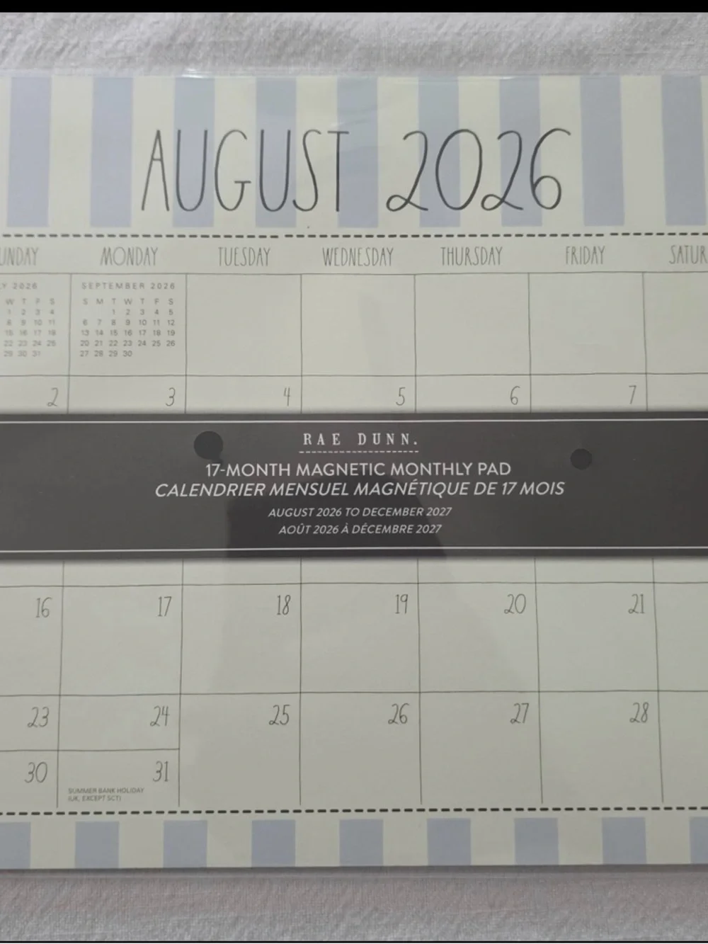 Rae Dunn Lavender and Cream Striped 17-Month Magnetic Monthly Calendar